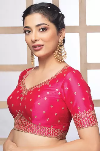 Pink Silk Embroidered Pre Stitched Saree Blouse