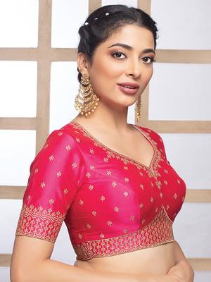 Pink Silk Embroidered Pre Stitched Saree Blouse 4
