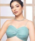 Sky Blue Crush Tissue Deep Neck Sleeveless Readymade Blouse