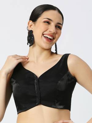Black Glass Tissue V Neck Sleeveless  Readymade Blouse 1