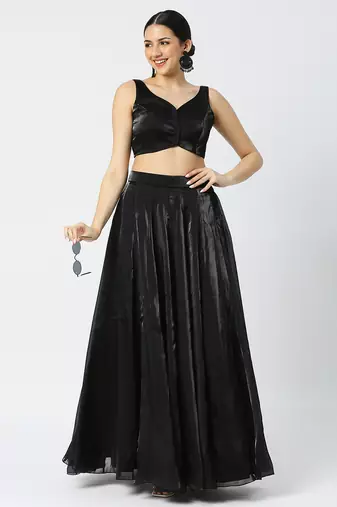 Black Glass Tissue V Neck Sleeveless  Readymade Blouse