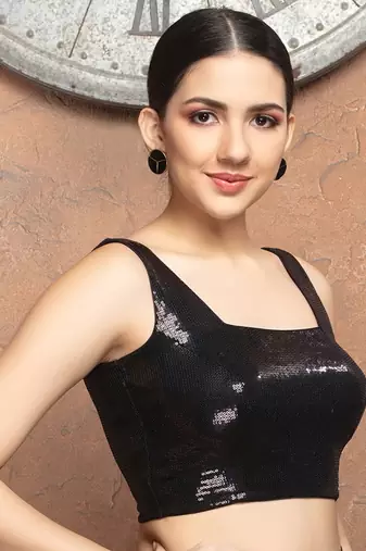 Black Sequin Square Neck Sleeveless Readymade Blouse