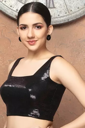 Black Sequin Square Neck Sleeveless Readymade Blouse