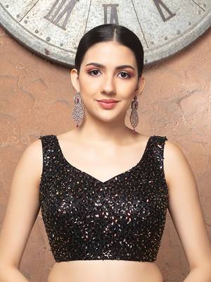 Black Paan Neck Sleeveless Sequinned Readymade Blouse 1
