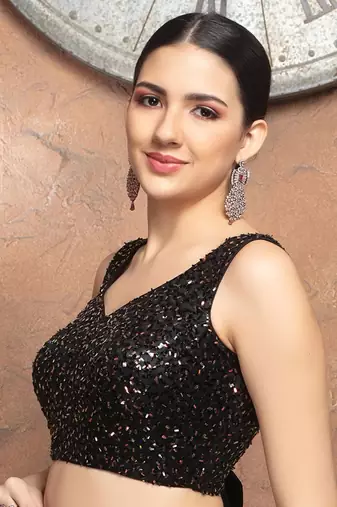 Black Paan Neck Sleeveless Sequinned Readymade Blouse