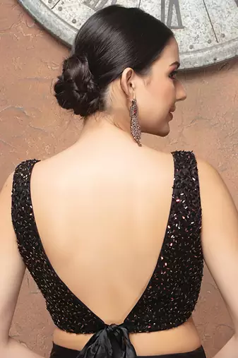 Black Paan Neck Sleeveless Sequinned Readymade Blouse