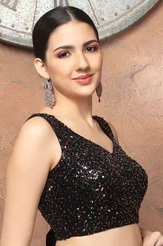 Black Paan Neck Sleeveless Sequinned Readymade Blouse