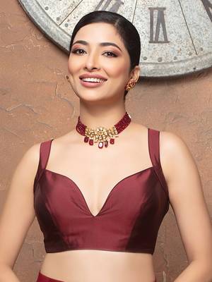 Maroon Deep Neck Sleeveless Readymade Blouse 1