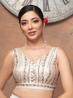 White Embroidered V Neck Sleeveless Readymade Blouse 1