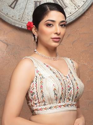 White Embroidered V Neck Sleeveless Readymade Blouse 2