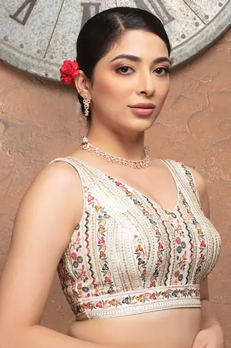 White Embroidered V Neck Sleeveless Readymade Blouse