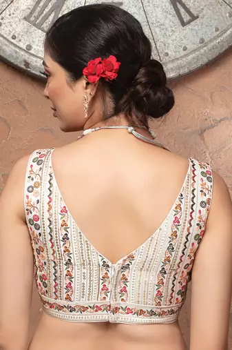 White Embroidered V Neck Sleeveless Readymade Blouse