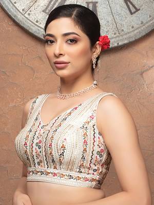 White Embroidered V Neck Sleeveless Readymade Blouse 4