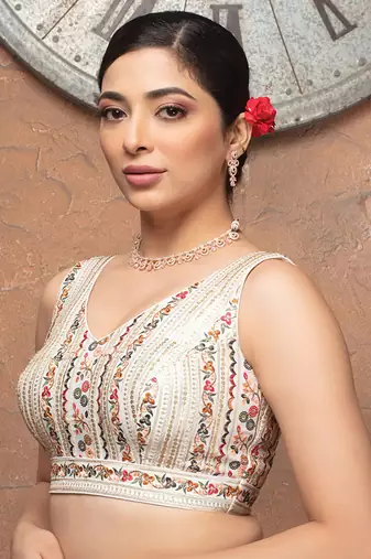 White Embroidered V Neck Sleeveless Readymade Blouse
