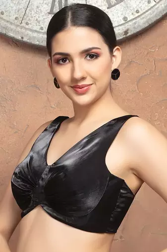 Black Tissue V Neck Sleeveless Readymade Blouse