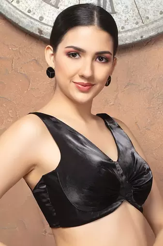Black Tissue V Neck Sleeveless Readymade Blouse