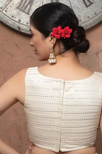 Cream Sequence Sleeveless Readymade Saree Blouse