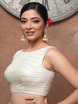 Cream Sequence Sleeveless Readymade Saree Blouse 4