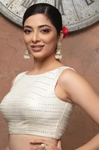 Cream Sequence Sleeveless Readymade Saree Blouse
