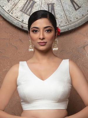Pure White Jute V Neck Sleeveless Readymade Blouse 1