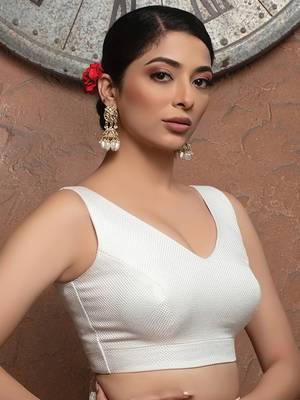 Pure White Jute V Neck Sleeveless Readymade Blouse 2