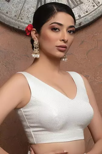 Pure White Jute V Neck Sleeveless Readymade Blouse