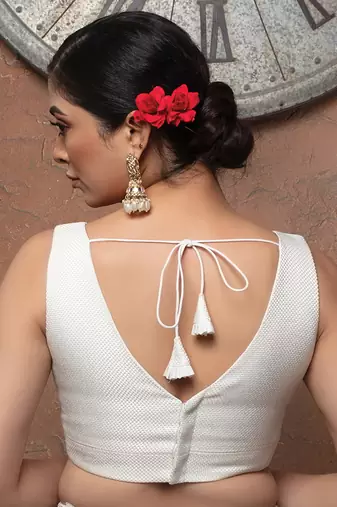 Pure White Jute V Neck Sleeveless Readymade Blouse