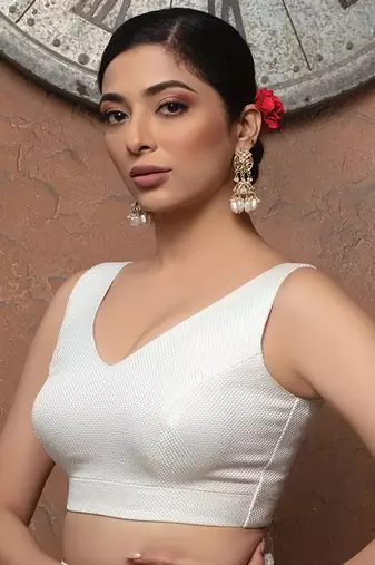 Pure White Jute V Neck Sleeveless Readymade Blouse