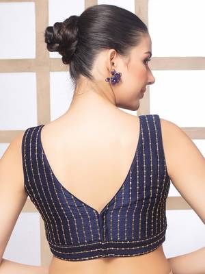 Navy Blue Sequin V Neck Sleeveless Readymade Blouse 3