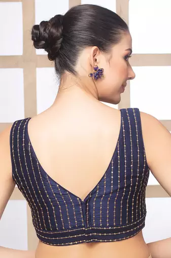 Navy Blue Sequin V Neck Sleeveless Readymade Blouse