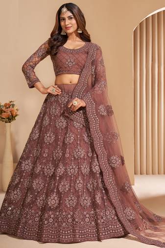 Brown Net Embroidery Designer Lehenga choli