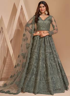 Lime Green Net Embroidery Designer Lehenga choli 1
