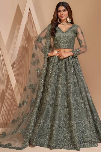 Lime Green Net Embroidery Designer Lehenga choli