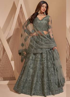 Lime Green Net Embroidery Designer Lehenga choli 2