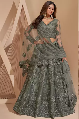 Lime Green Net Embroidery Designer Lehenga choli