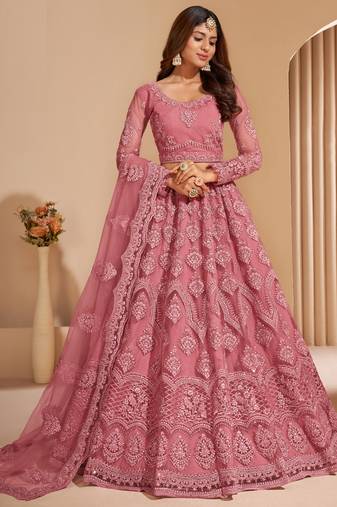 Peach Net Embroidery Designer Lehenga choli