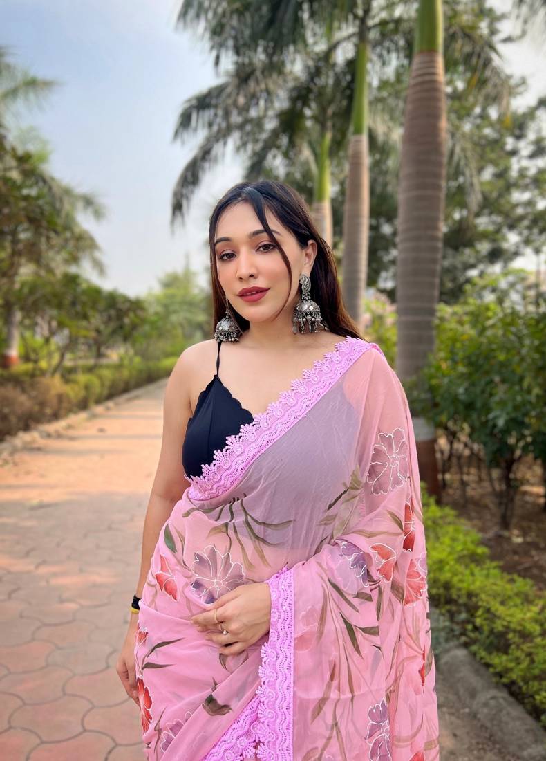 Elora pure georgette bollywood floral print saree (pink)