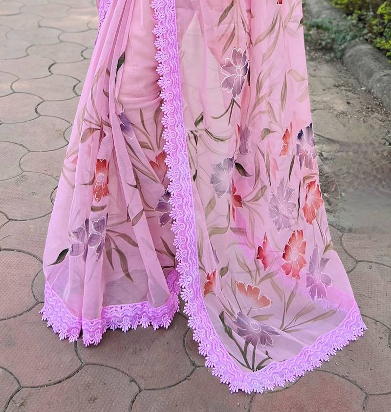 Elora pure georgette bollywood floral print saree (pink)