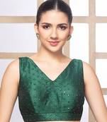 Green Mirror Embellished V Neck Sleeveless Readymade Blouse