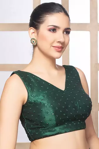 Green Mirror Embellished V Neck Sleeveless Readymade Blouse