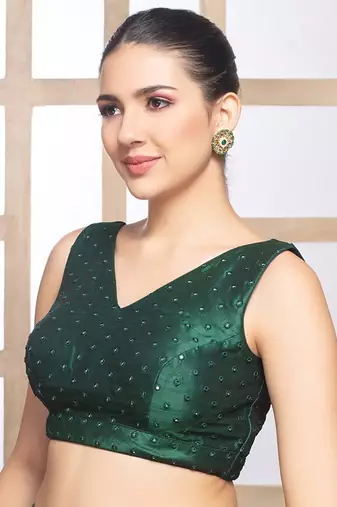 Green Mirror Embellished V Neck Sleeveless Readymade Blouse