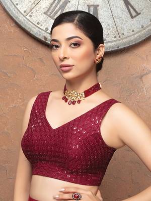 Maroon Sequin Embellished V Neck Sleeveless Readymade Blouse 1