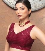 Maroon Sequin Embellished V Neck Sleeveless Readymade Blouse