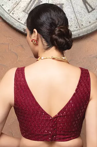 Maroon Sequin Embellished V Neck Sleeveless Readymade Blouse