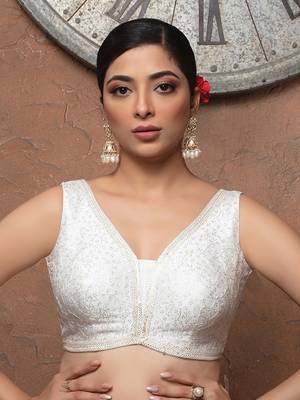 White Silk V Neck Sleeveless Readymade Blouse 1