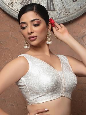 White Silk V Neck Sleeveless Readymade Blouse 2
