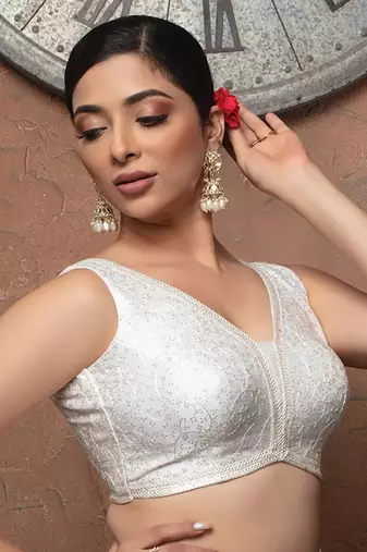 White Silk V Neck Sleeveless Readymade Blouse