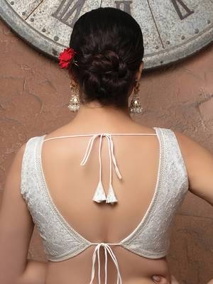 White Silk V Neck Sleeveless Readymade Blouse 3
