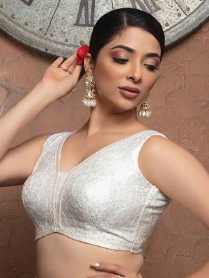 White Silk V Neck Sleeveless Readymade Blouse 4