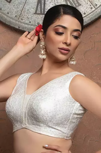 White Silk V Neck Sleeveless Readymade Blouse